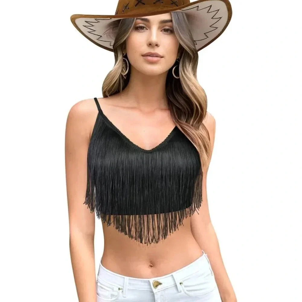 Women Tassel Tank Concert Outfits Festival Clothes  Rave V-Neck Sleeveless Shirt